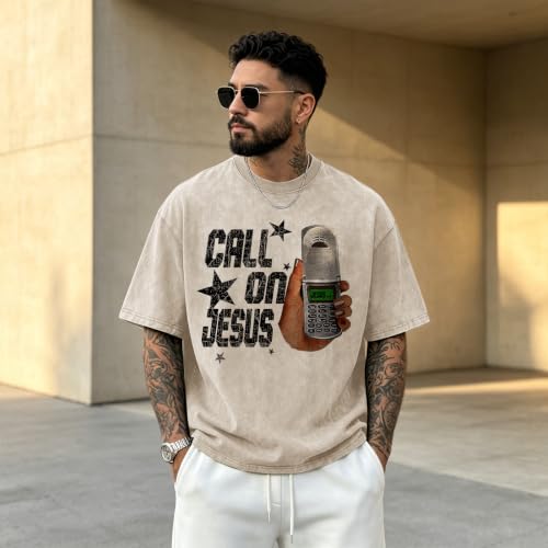 Christian Call On Jesus Shirts for Men Funny Graphic Tees Oversized Religious Shirt Jesus Faith Acid Wash Tshirt - color: Apricot, size: XX-Large