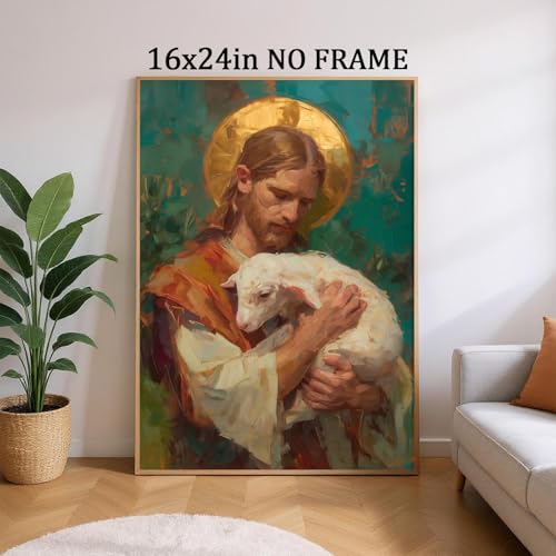 Christian Jesus Canvas Wall Art Jesus Holding Lamb Picture 16x24in No Frame - color: A7Unframed
