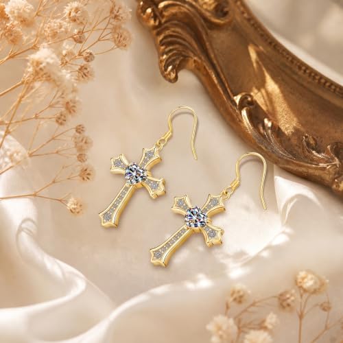 Moissanite S925 Sterling Silver Dainty Cross Drop Dangle Earrings For Women - color: Gold