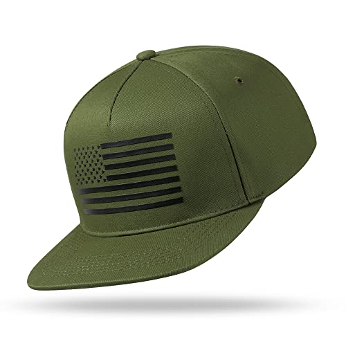 UALON Baseball Cap, Snapback Trucker Hat for Men & Women with American Flag and Adjustable, Breathable Mesh, Flat Bill Hats - color: Olive
