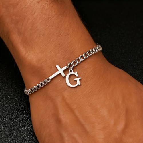 Cross Bracelets for Men Initial A - Z Faith Cross Bracelets Gifts - color: Silver G
