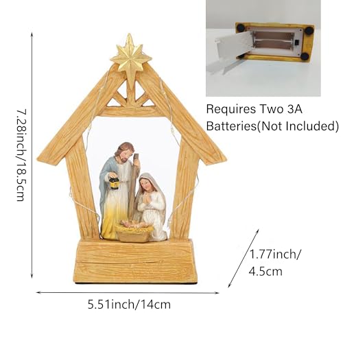 7.3'' Nativity Sets with Lights, Hand Painted Resin Holy Family Statues Manger Nativity Scene for Christmas Indoor Decorations(No Battery Included)