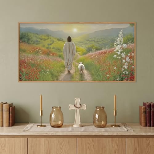 LHIUEM Large Jesus and Lamb Christian Framed Canvas Wall Art,Leaves The 99 Sheep Wall Decor,Mountain Sunset Flower Bible Artwork for Living Room,Bedroom,Dining Room,Office -20''x40''x1 - color: Jesus and Lamb Wall Art, size: 40"L x 20"W