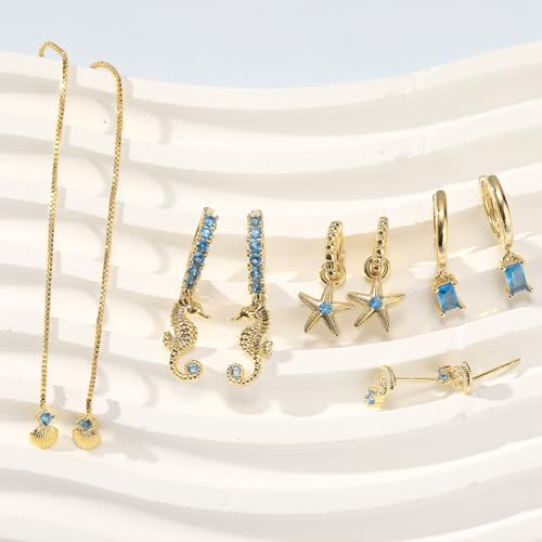 Gold Earrings Set for Women 14K Gold Plated Cubic Zirconia Love Heart Bowknot Clover Fruit Flower Insect Ocean Cross Huggie Hoop Earrings Stud Earrings Set for Multiple Piercing Party Jewelry Gifts - style: Seashell and Starfish