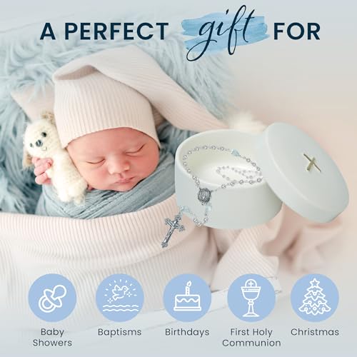 Baptism Gifts for Boys and Girls – White Rosary with Ceramic Keepsake Box and Card - color: White