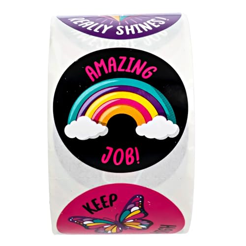 Cute Rainbow Unicorn Teacher Stickers / 500 Motivational Illustrated Worksheet Rewards / 8 Alternating Encouraging Classroom Phrase Designs / 1.5" Mermaid Ice Cream Award Sticker Roll - color: Cute Rainbow Unicorn
