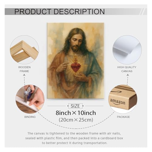Sacred Heart of Jesus Wall Art Christian Catholic Poster 08x10 inch Framed Vintage Jesus Watercolor Portrait Canvas for Religious Faith Home Wall Decor - color: Yellow-wframed, size: 10"L x 8"W