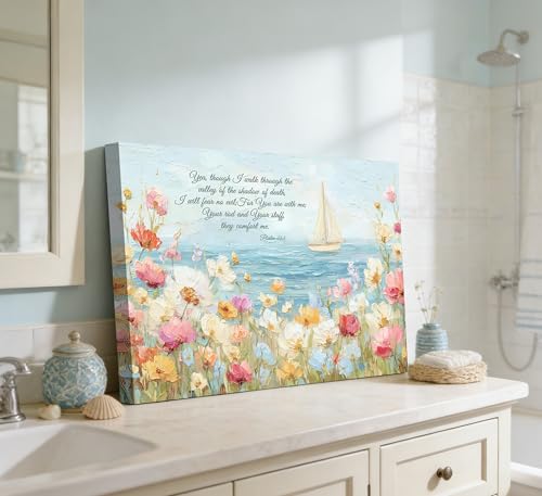 Psalm 23 Coastal Wildflower Christian Bible Verse Canvas Wall Art 16x24 In - color: Coastal floral, size: 24"L x 16"W