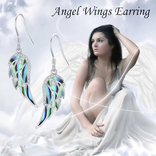 URONE Angel Wings Earring for Women Sterling Silver Fashion Dangle Drop Earring Angel Jewelry for Women - color: silver+abalone shell