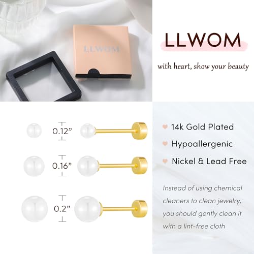 LLWOM 3 Pairs Tiny Flat Back Earrings, Hypoallergenic 14K Real Gold Plated Helix Cartilage Earrings Post Studs Jewelry for Women Gift - color: Gold-Pearl