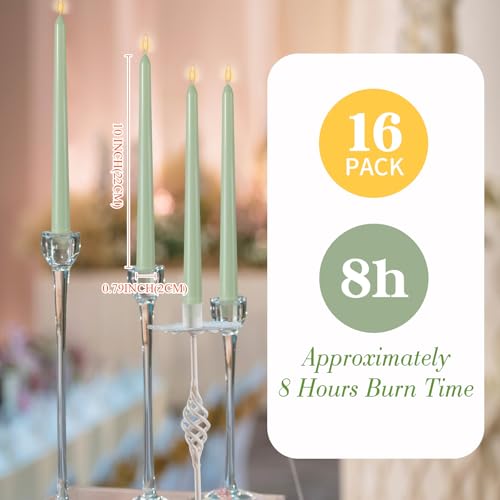 MTLEE 16 Pcs 10 Inch Taper Candle Sticks Smokeless Unscented, Pea Green - color: Pea Green