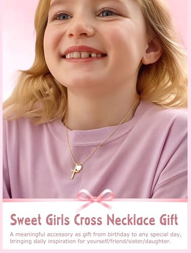 S925 Sterling Silver Cross Necklace for Girls, Baptism First Communion Confirmation Gifts, Pearl Heart Pendant Necklaces, Back to School Graduation Easter Birthday Faith Gift Age: Over 8 Years Old - style: Heart Cross 16K Gold Plated
