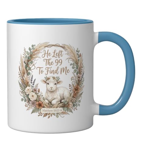 He Left the 99 to Find Me Christian Lamb Bible Verse Matthew Ceramic Mug, Blue/White, 11oz - color: Blue/White, size: 11 Ounces