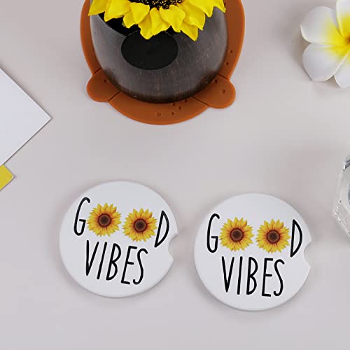 Car Coasters 2 Pack, Small 2.56" Stone Car Cupholder Absorbent Coaster Set for Women Men Drink Cup Holder Coasters (Good Vibes) - color: Good Vibes