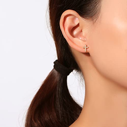 925 Sterling Silver Cubic Zirconia Petite Small Cross Stud Earrings Hypoallergenic For Women - color: Rose Gold