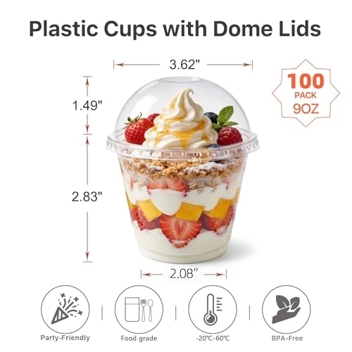 Lullaby 100 Pack 9oz Clear Plastic Cups with Dome Lids, Dessert Fruit Cups - size: 100PACK