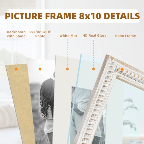 White 8x10 Picture Frame with Mat for Displays 8x10 and 5x7 Photos, Farmhouse Picture Frames with Wooden Beaded Design, White 8 by 10 Picture Frame for Tabletop Home Decor - color: White, size: Single 8x10
