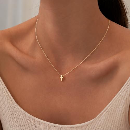 Sideway Dainty Cross Necklace for Women Girls, 14K Gold Plated Waterproof Small Cross Choker Necklace Simple Minimalist Pendant, Trendy Cute Religious Faith Baptism Confirmation Gifts for Girls Jewelry - color: Gold-Small Cross-06