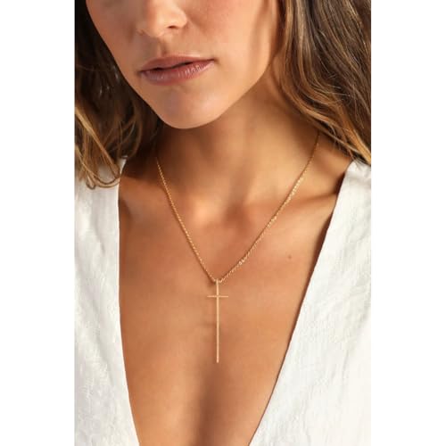 14K Gold Plated Long Hammered Cross Necklace for Women Religious Faith Jewelry Christian Gift - color: Yellow Gold Plated, size: 45cm