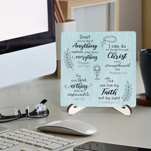 Blue Christian Wooden Sign Desk Decor, Inspirational Bible Verse Religious Wood Plaque Sign With Stand for Church Prayer Room Home Office Desk Table Shelf Decoration, 5x5 Inch - color: Blue Faith, size: 5x5x1.1 in