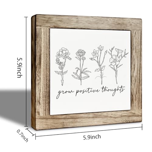 Inspirational Wooden Desk Decor Wooden Box Sign, Grow Positive Thoughts, Motivational Farmhouse Tabletop Sign, Floral Pattern Desk Decor for Living Room Bedroom 5.9x5.9 Inches - color: color16