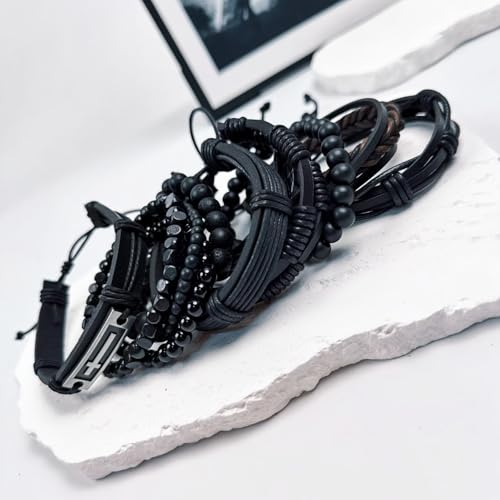 Punk Braided Leather Bracelets for Men Women Tribal Wrap Wristband - color: Black Cross