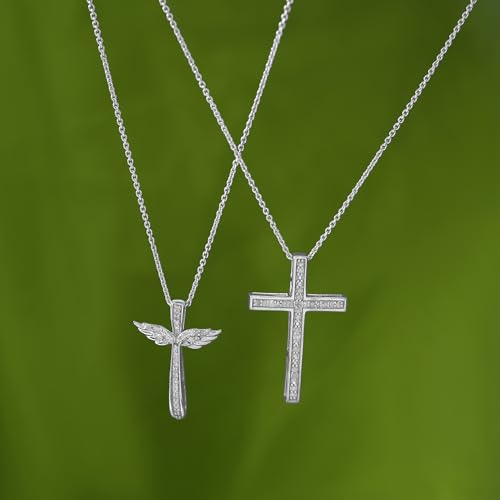 Timeless Love 925 Sterling Silver Classic Cross Necklace with 1/10 CTW Natural Round Diamond, 18 in Pendant Chain, Spring Ring Clasp, for Women, Meaninful Faith Gift