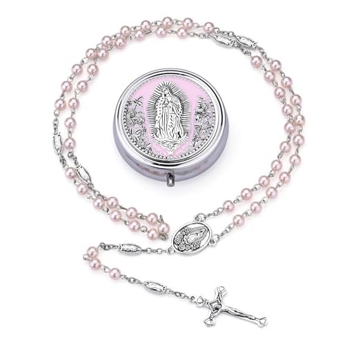 Guadalupe Rosary Beads for Women with Metal Box and 18pcs Holy - color: Pink