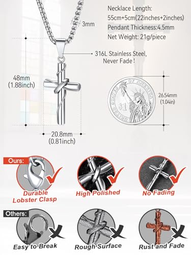 FaithHeart Stainless Steel Cross Necklace for Men, Silver/Black/Gold Cross Chains for Men Religious Amulet Necklaces Christian Gifts for Dad - style: Wrap Cross-Silver