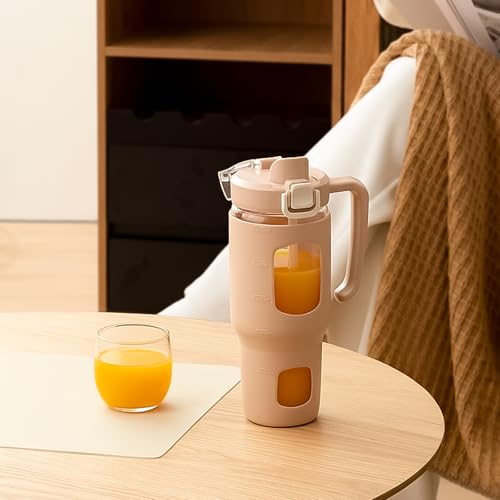 32oz Glass Tumbler with Straw Handle, Reusable Iced Coffee Cup, Amber - color: Amber
