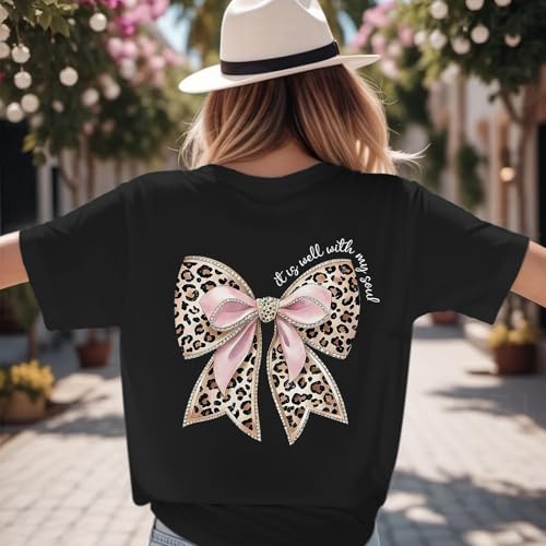 Leopard Bow Shirt Cheetah Bow Shirt Christian Shirts for Women Faith Bible Verse Shirts God Coquette Graphic Tees - color: Black, size: XX-Large