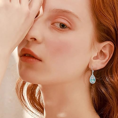 925 Sterling Silver Filigree Dangle Drop Leverback Teardrop Earrings - color: Tree of life abalone shell