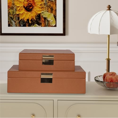 Decorative Storage Box Set of 2, PU Leather Organizer for Home Decor Brown - color: Brown
