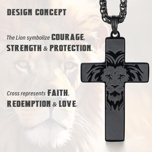 SAM & LORI Strength and Faith Gifts for Him-Masculine Cross Necklace-Bold Lion Head and Cross Design-Inspiring Message Engraved (18-24 inches) - style: 22"-24" Always remember you are braver than you believe