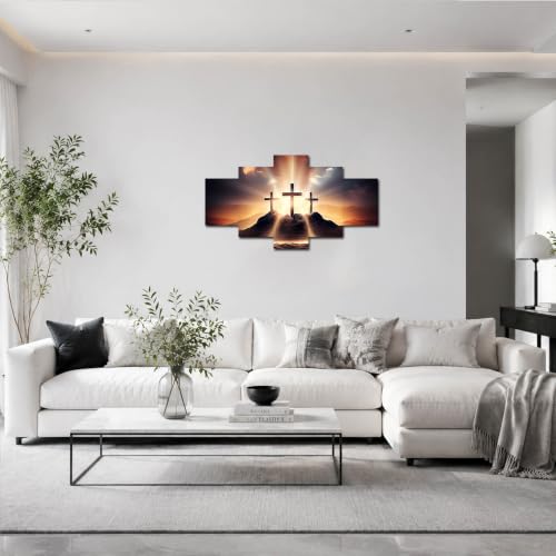 Three Crosses on the Mountain Canvas Print Glowing Christ Cross Wall Art Wall Decor Picture Jesus Christian Painting for Home Living Room Decoration Poster with Frame Ready to Hang(60''Wx32''H) - color: Artwork-009