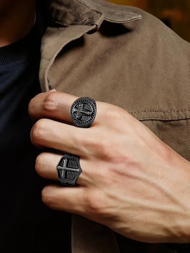 Christian Cross Rings for Men - Stainless Steel Jesus Jewelry with Celtic Knot Sides (Gold/Black/Silver) - Catholic Religious Gift, Size 7-13 - color: B-Black-Cross