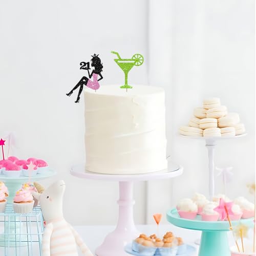 Martini 21st Birthday Cake Topper, Setting Girl 21 Cake Decor, Black Glitter A Tini Bit Older Cake Topper for Women, Margarita Cocktail 21st Birthday/Anniversry Party Decoration - style: Martini 21