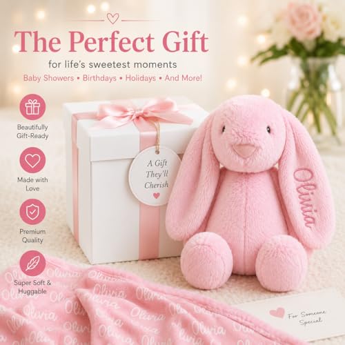 Personalized Embroidered Pink Stuffed Bunny, Custom Name Plush Rabbit Lovey for Baby Girl, Pink Bunny, Baptism Gift, Easter Basket Stuffers, Minky Name Blanket (Pink Bunny) - color: Pink Bunny