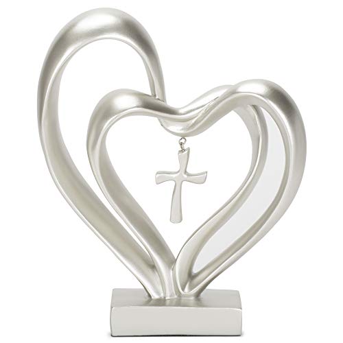 Marriage Takes Three Matte Silver Finish 13X8 inch Cross in Middle of Hearts Tabletopper - color: Silver Tone