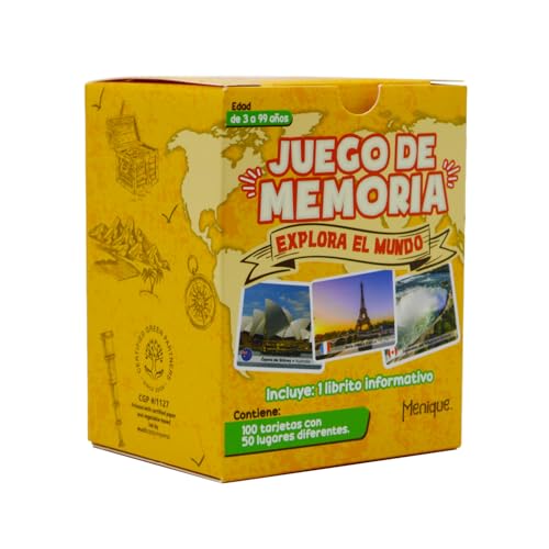 Menique Explore the World Memory Matching Game – Spanish Edition – 100 Cards (50 Pairs) with Iconic Landmarks, Country & Flag – Educational Geography Game in Spanish. - style: (ES) Explora el Mundo