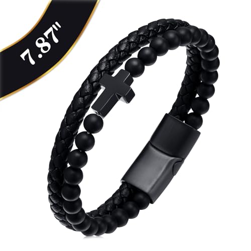 Mens Cross Bead Braided Genuine Leather Bracelet, Black Gemstone Agate Onyx Beaded Rosary Obsidian Bangle, Faith Religious Easter Catholic Christian Communion Baptism Christmas Jewelry Gift for Men - color: Black-7.87IN