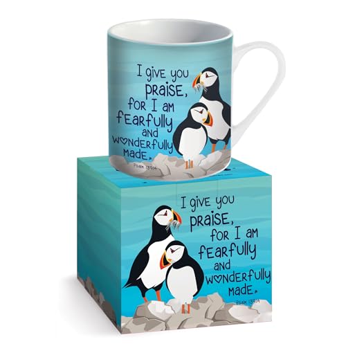 Christian Coffee Mug with Gift Box, 12 oz Ceramic, with Bible Verse - color: Blue / Puffins
