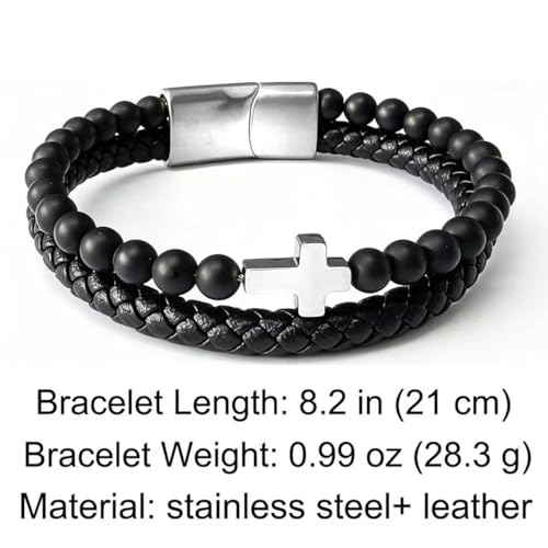Kim Carrey Italian Handmade Leather Bracelets for Men - color: Silver Cross, size: 8.2"