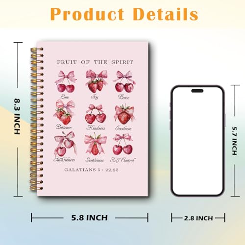 JINYO Coquette Pink Bow Cherry Strawberry Christian Notebook, Fruit of the Spirit Bible Notebook, Prayer Journal for Woman, Church Notes Journal, Scripture Spiral Notebooks 5.5x8.3 Inch(Pink) - color: white Cherry Strawberry Notebook