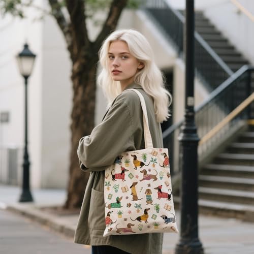 Aesthetic Canvas Tote Bag for Women - with Magnetic Snap Closure & Zipper Inner Pocket Reusable Bag for Shopping - color: Dachshund