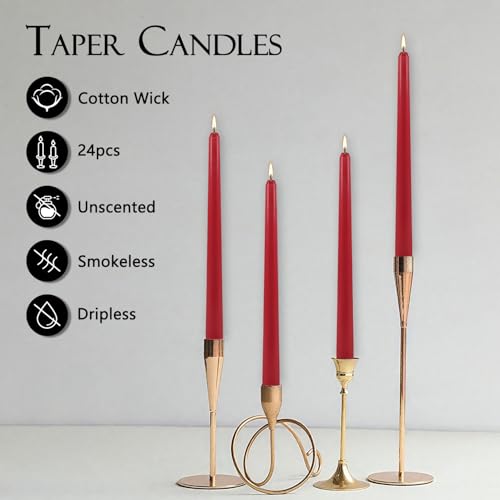 24Pack Red Taper Candles-10 Inch Dripless, Unscented Dinner Candle- Smokeless and Dripless, Long Burning time, Paraffin Wax with Cotton Wicks for Home Décor,Christmas, Wedding, Party,Candlesticks - color: Red, size: 24Pack