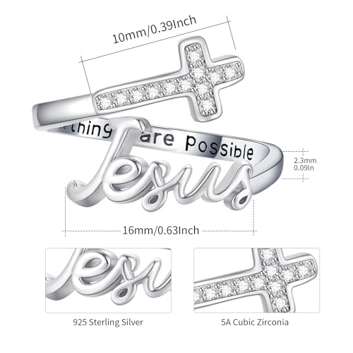Jesus Cross Ring,Sterling Silver Adjustable Open Faith Cross Religious Ring Christian Inspiring Incentive Jewerly Gifts for Women