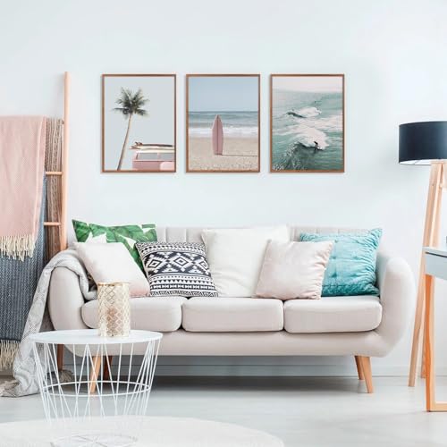 CHDITB Beach Framed Canvas Wall Art Set Of 3, Coastal Wall Decor, Ocean Wave Wall Painting, Palm Tree Seaside Artwork Surfboard Art Prints For Living Room Or Bedroom (12X16 Inch) - color: Ocean wall art