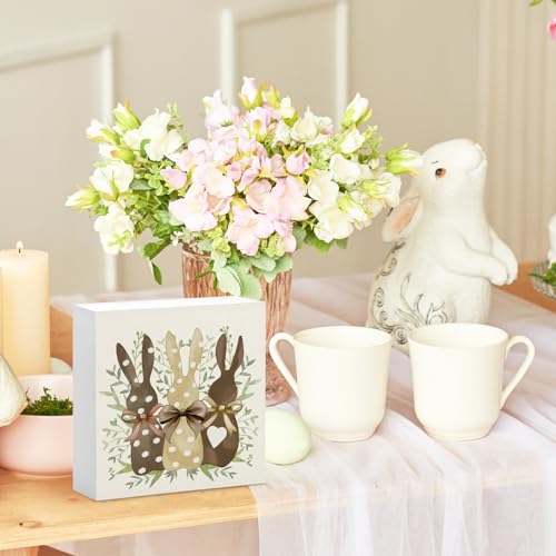 Easter Decor, Rabbit Wooden Box Sign, Rustic Easter Tiered Tray Decorations, Farmhouse Bunny Table Centerpiece Sign for Party Home Kitchen Dining Table Decor 5x5 - color: 03-Easter-Bunny