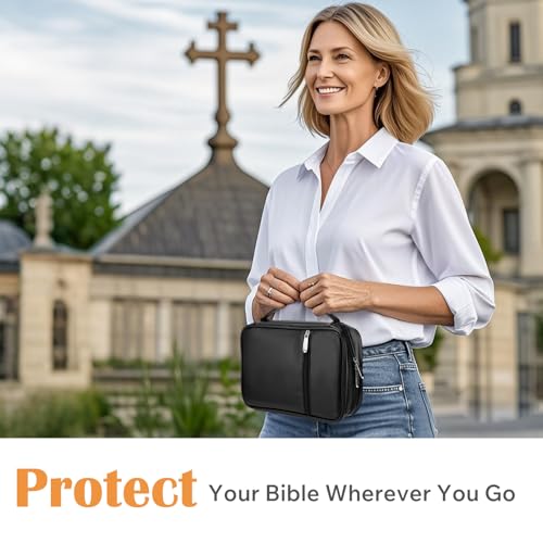 Small Bible Cover Case for Women and Men, 9x6 PU Leather Bible Sleeve, Compact Travel Bible Carrier Bag with Front Pen Holders, Zipper Closure, Inner Pockets - Black - color: Black, size: 9''x6.5''